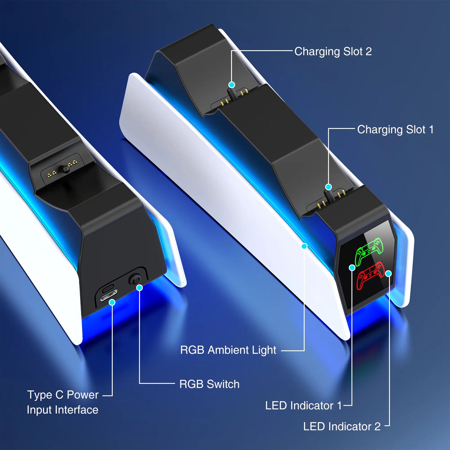 PS5 Dual Controller Charging Station – Fast Charging Dock with RGB Lighting & LED Indicators for PlayStation 5 Controllers