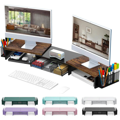 Dual Monitor Stand Riser with Storage Drawer & Pen Holders – Desktop Organiser for Home Offices & Desk Setups