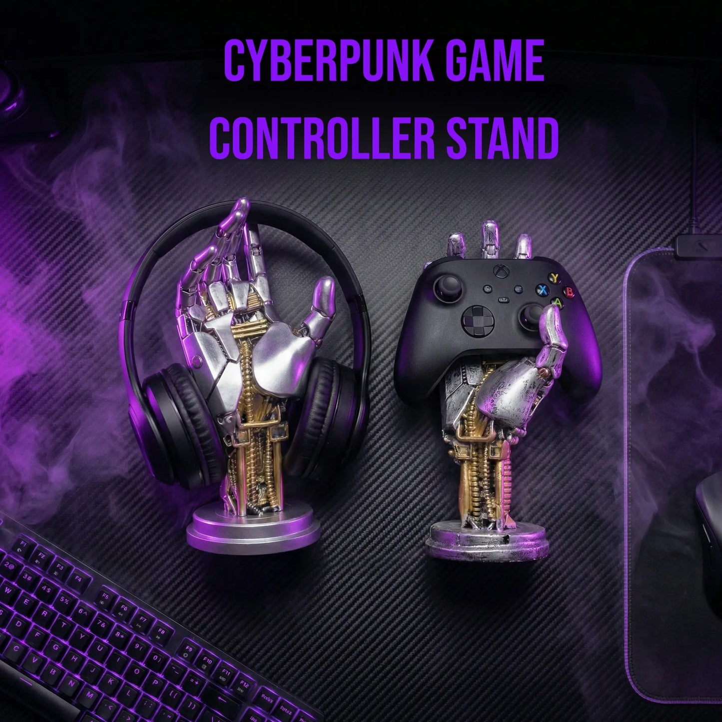 Cyberpunk Mechanical Hand Controller Stand – Gaming Controller, Headphone & Key Holder for Desk Setups