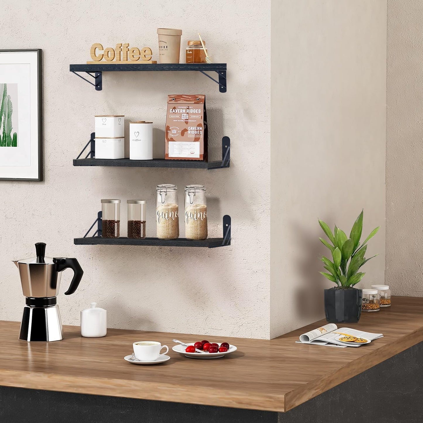 Modern Black Floating Wall Shelves – Set of 3 Wooden Display Shelves for Bedrooms, Living Rooms, Home Offices & Bathrooms