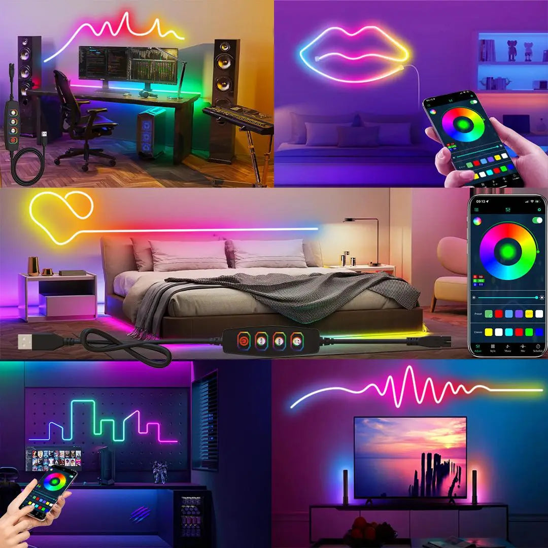 Smart RGB Neon LED Strip Light – App-Controlled USB LED Rope Light with Music Sync for Desk Setups & Gaming Rooms