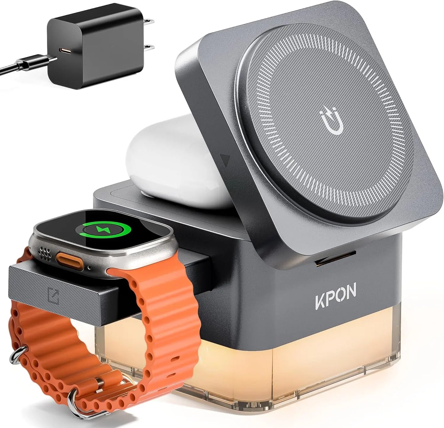 3-in-1 Magnetic Wireless Charging Station with Night Light – Foldable 15W MagSafe Charger for iPhone, Apple Watch & AirPods