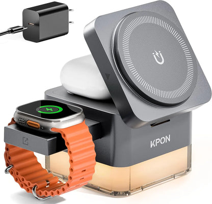 3-in-1 Magnetic Wireless Charging Station with Night Light – Foldable 15W MagSafe Charger for iPhone, Apple Watch & AirPods