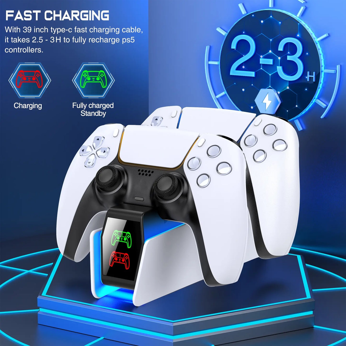PS5 Dual Controller Charging Station – Fast Charging Dock with RGB Lighting & LED Indicators for PlayStation 5 Controllers