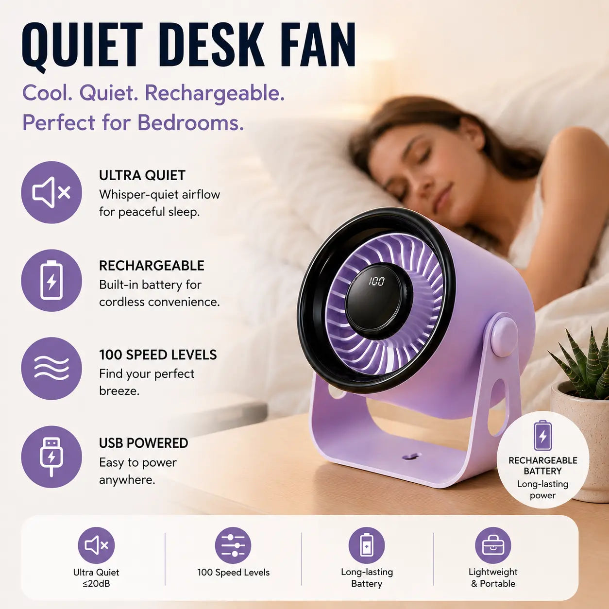 Ultra-Quiet Rechargeable Desk Fan – 100-Speed USB Portable Cooling Fan for Desk Setups, Home Offices & Travel