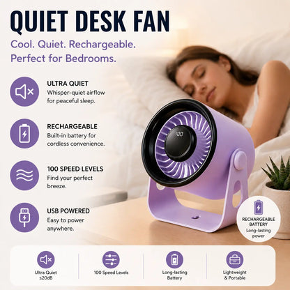 Ultra-Quiet Rechargeable Desk Fan – 100-Speed USB Portable Cooling Fan for Desk Setups, Home Offices & Travel