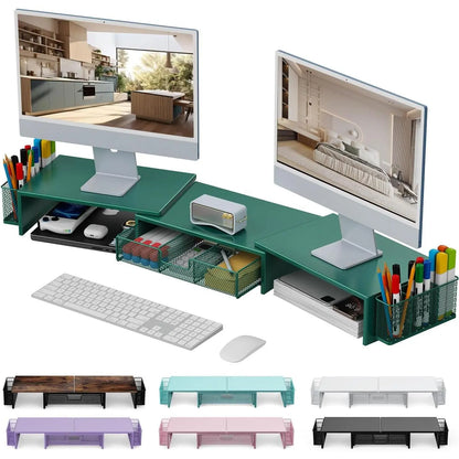 Dual Monitor Stand Riser with Storage Drawer & Pen Holders – Desktop Organiser for Home Offices & Desk Setups