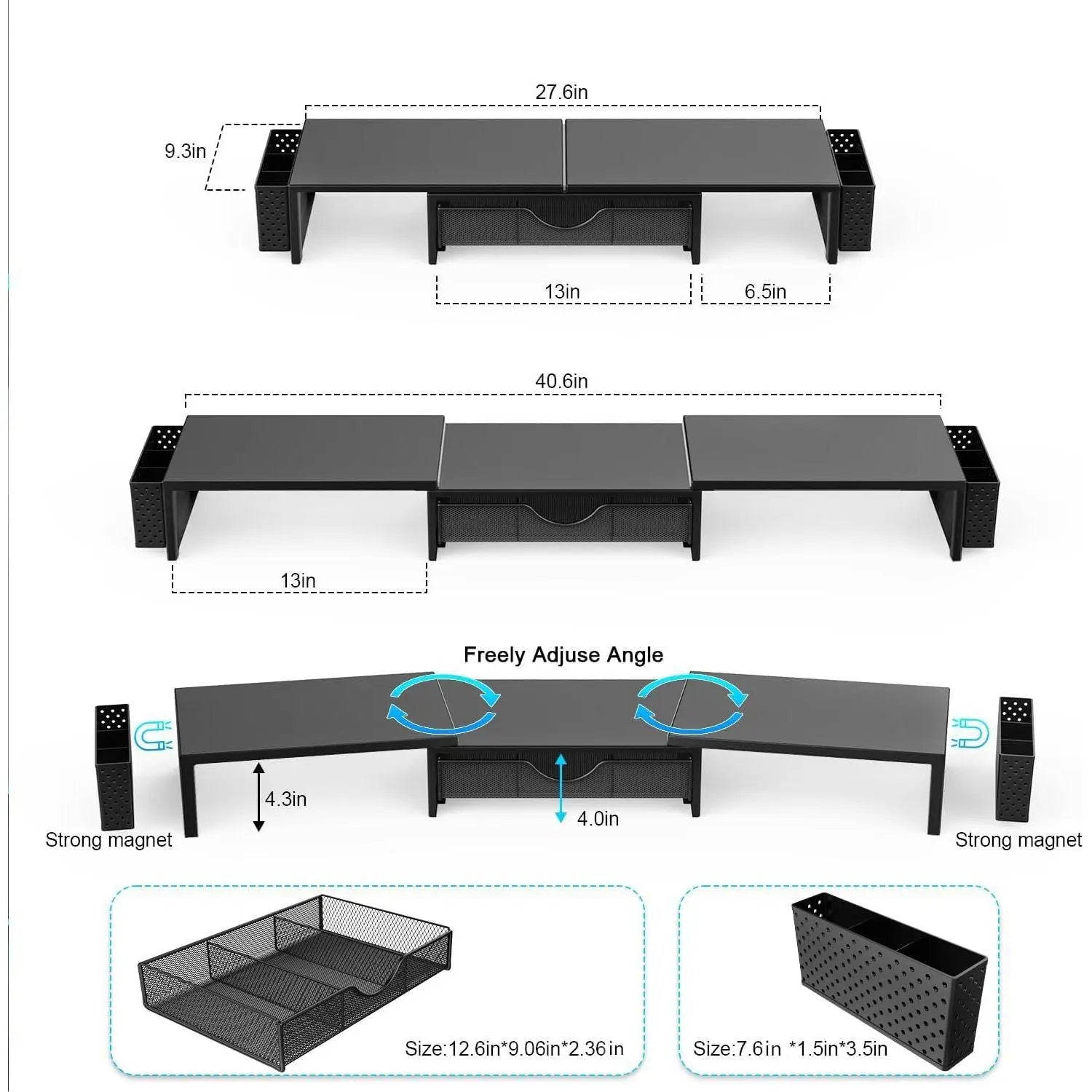 Dual Monitor Stand Riser with Storage Drawer & Pen Holders – Desktop Organiser for Home Offices & Desk Setups