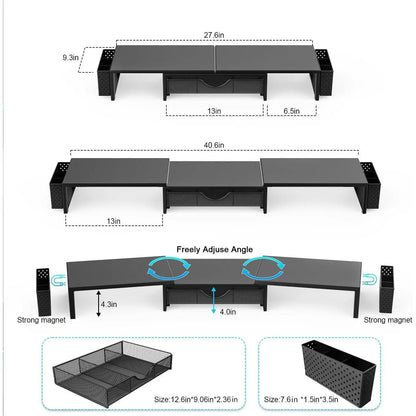 Dual Monitor Stand Riser with Storage Drawer & Pen Holders – Desktop Organiser for Home Offices & Desk Setups