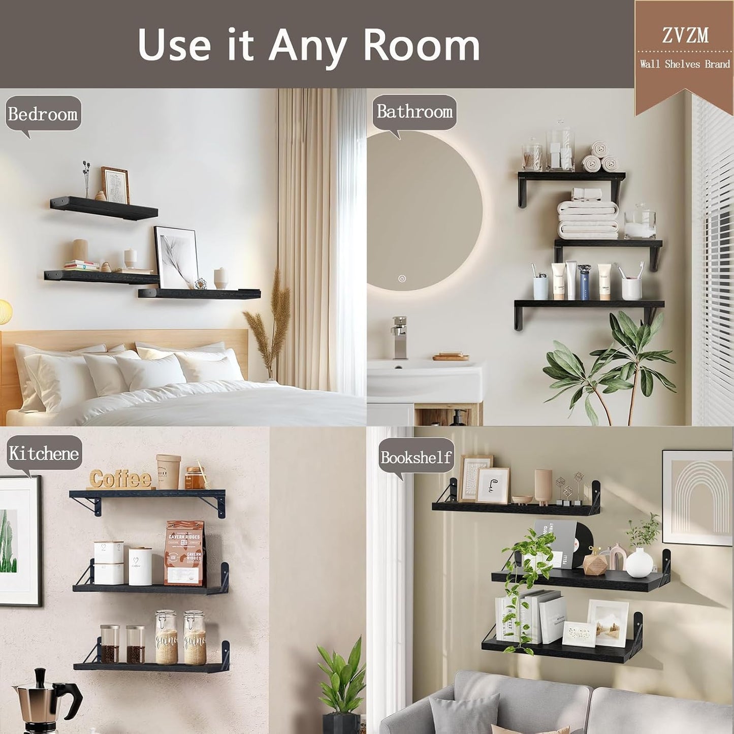 Modern Black Floating Wall Shelves – Set of 3 Wooden Display Shelves for Bedrooms, Living Rooms, Home Offices & Bathrooms