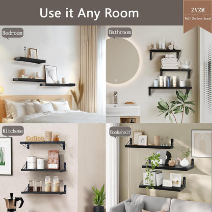 Modern Black Floating Wall Shelves – Set of 3 Wooden Display Shelves for Bedrooms, Living Rooms, Home Offices & Bathrooms