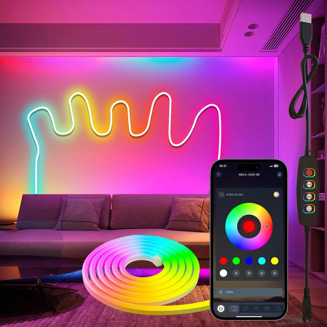 Smart RGB Neon LED Strip Light – App-Controlled USB LED Rope Light with Music Sync for Desk Setups & Gaming Rooms