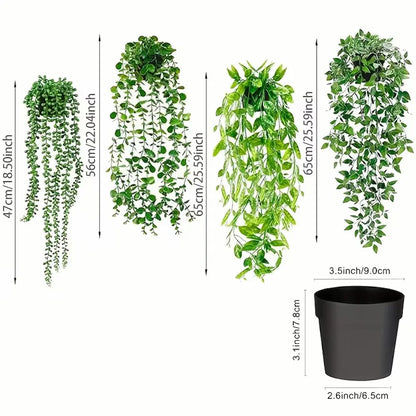 Artificial Hanging Plants Set – 4 Pack Realistic Faux Greenery for Desk Setups, Shelves & Home Décor