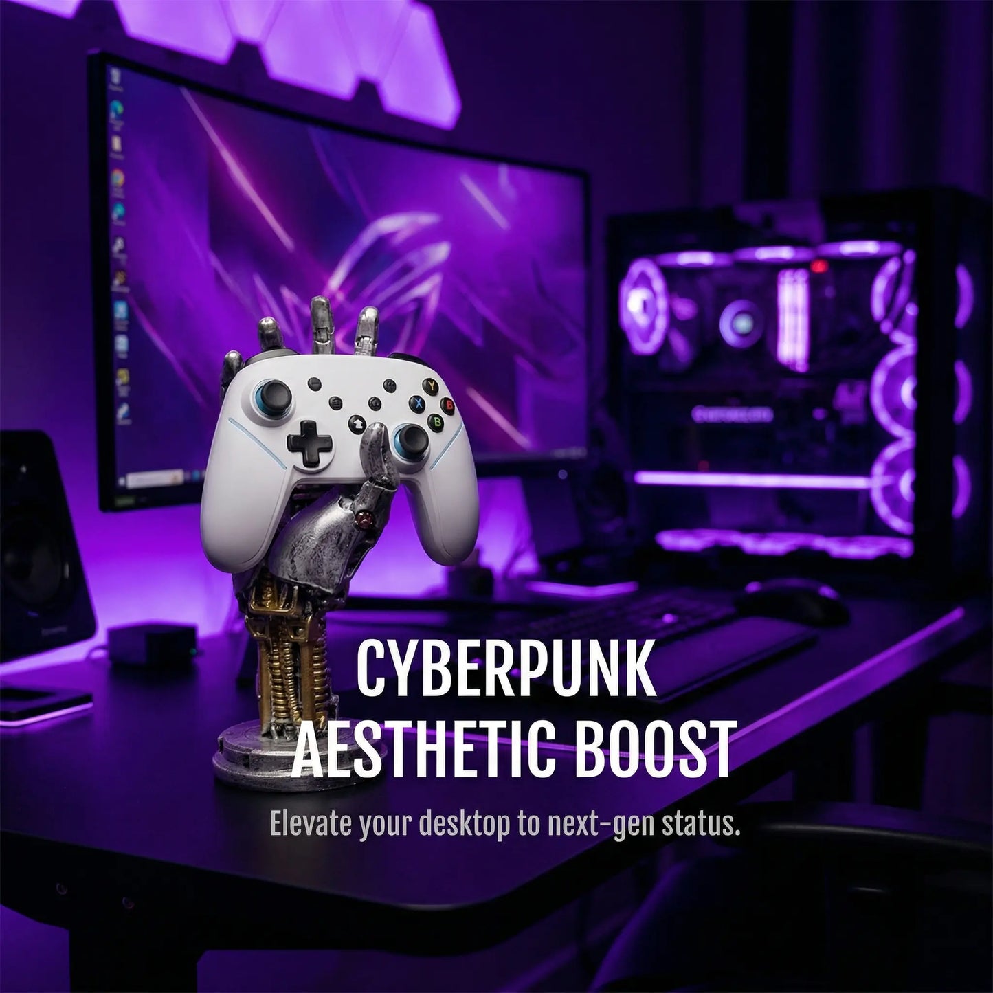 Cyberpunk Mechanical Hand Controller Stand – Gaming Controller, Headphone & Key Holder for Desk Setups