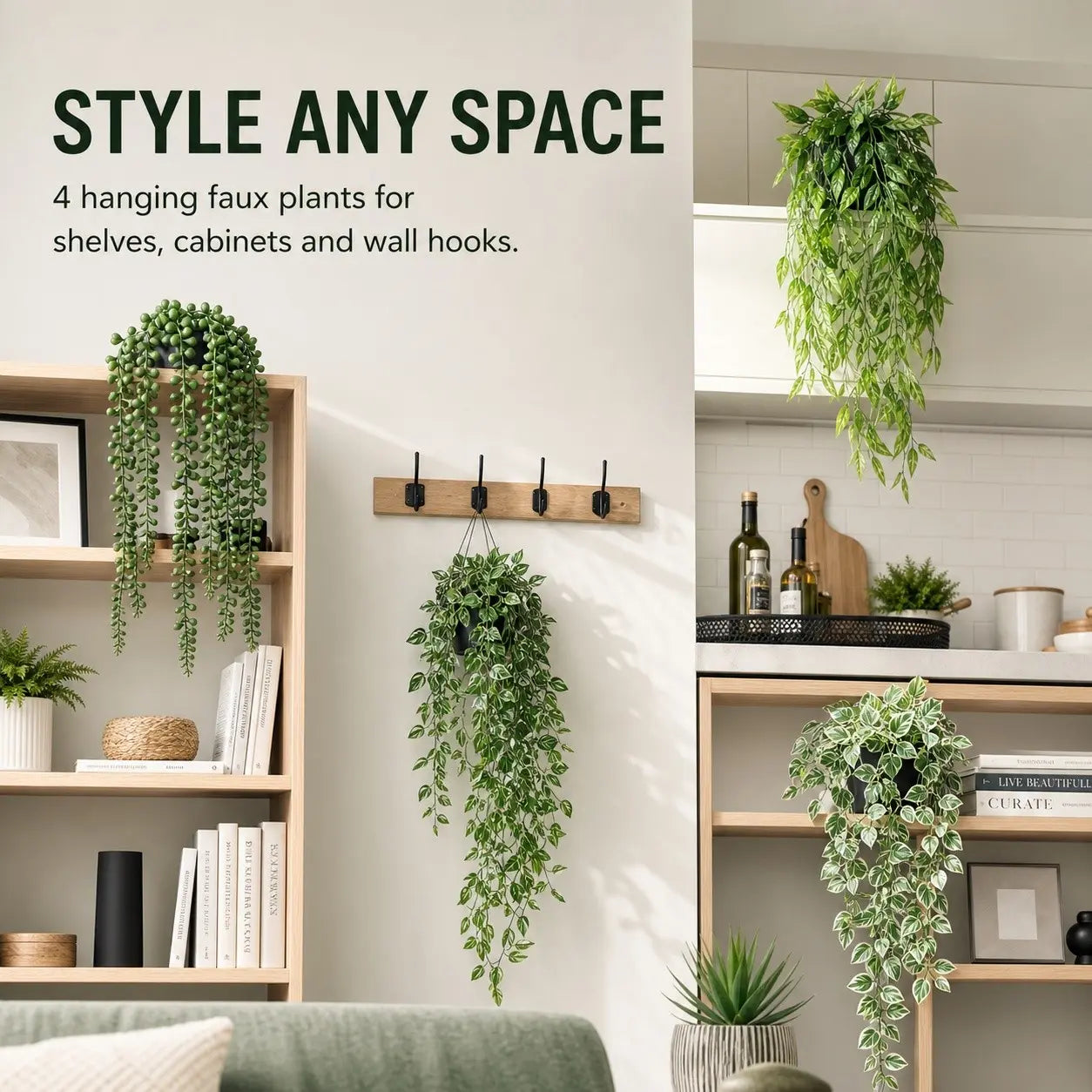 Artificial Hanging Plants Set – 4 Pack Realistic Faux Greenery for Desk Setups, Shelves & Home Décor