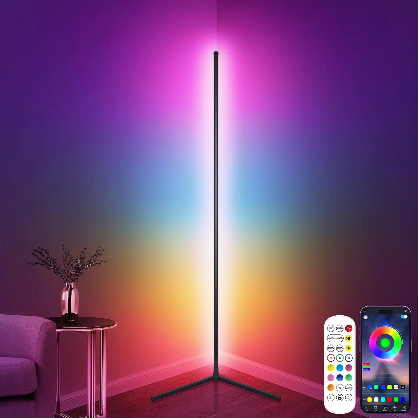 Smart LED Corner Floor Lamp, App & Remote Controlled RGB Light for Bedroom Corner Decor