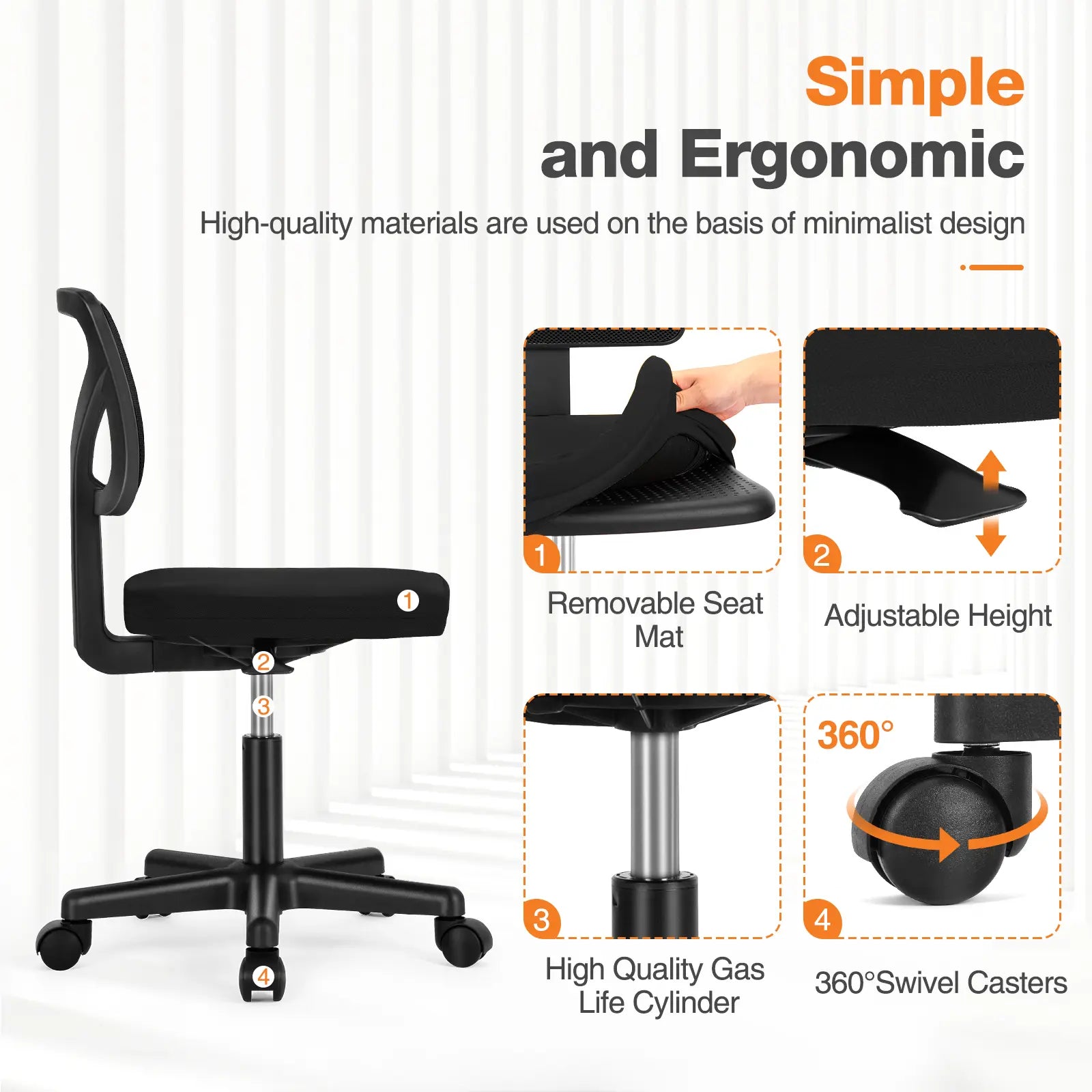 Ergonomic Armless Office Chair – Adjustable Mesh Desk Chair with Wheels for Home Offices & Workspaces