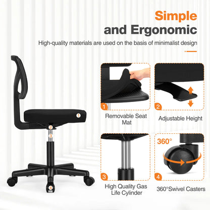 Ergonomic Armless Office Chair – Adjustable Mesh Desk Chair with Wheels for Home Offices & Workspaces