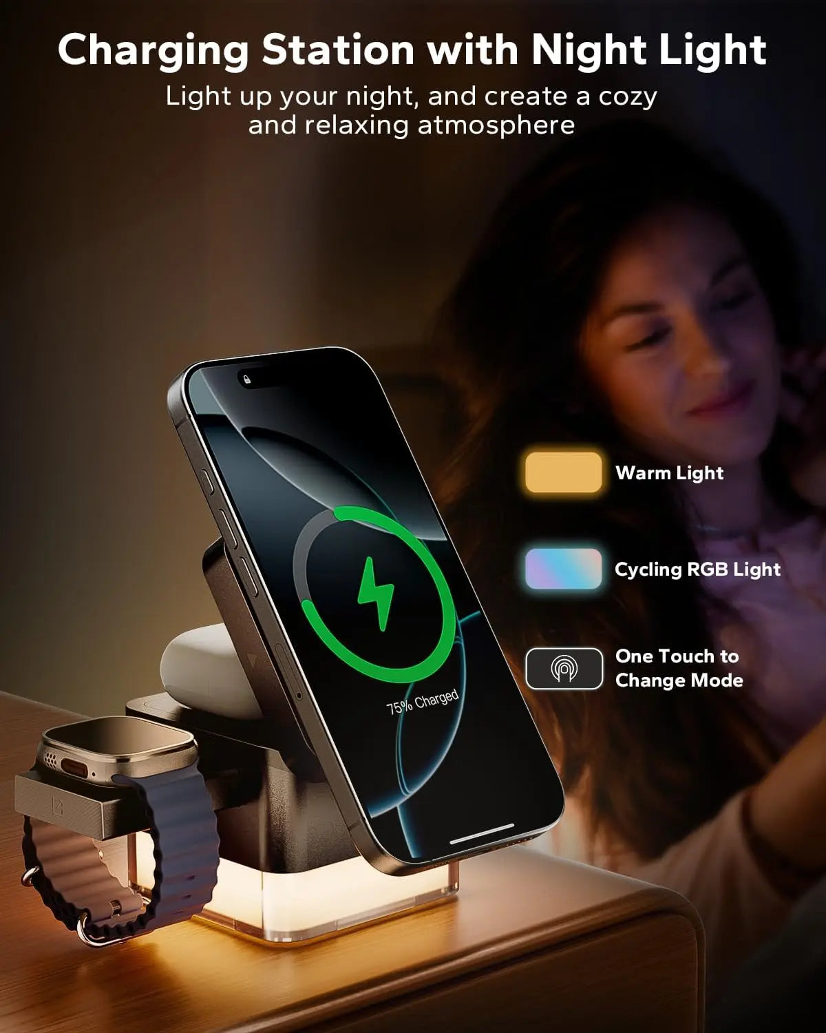 3-in-1 Magnetic Wireless Charging Station with Night Light – Foldable 15W MagSafe Charger for iPhone, Apple Watch & AirPods