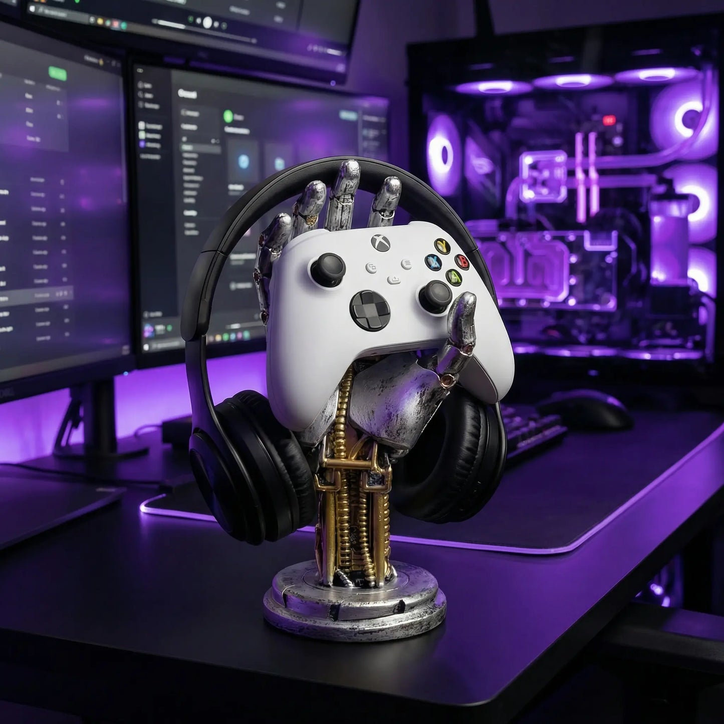 Cyberpunk Mechanical Hand Controller Stand – Gaming Controller, Headphone & Key Holder for Desk Setups